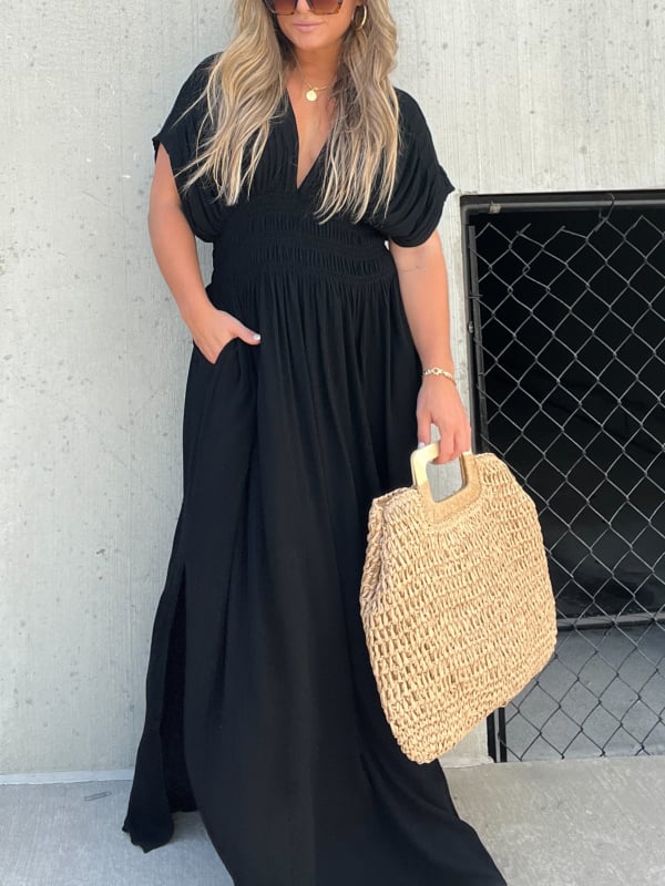V-neck Slit Ultra Long Dress Elegant Casual Style Evening Gown