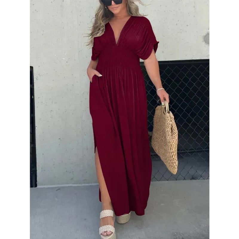 V-neck Slit Ultra Long Dress Elegant Casual Style Evening Gown
