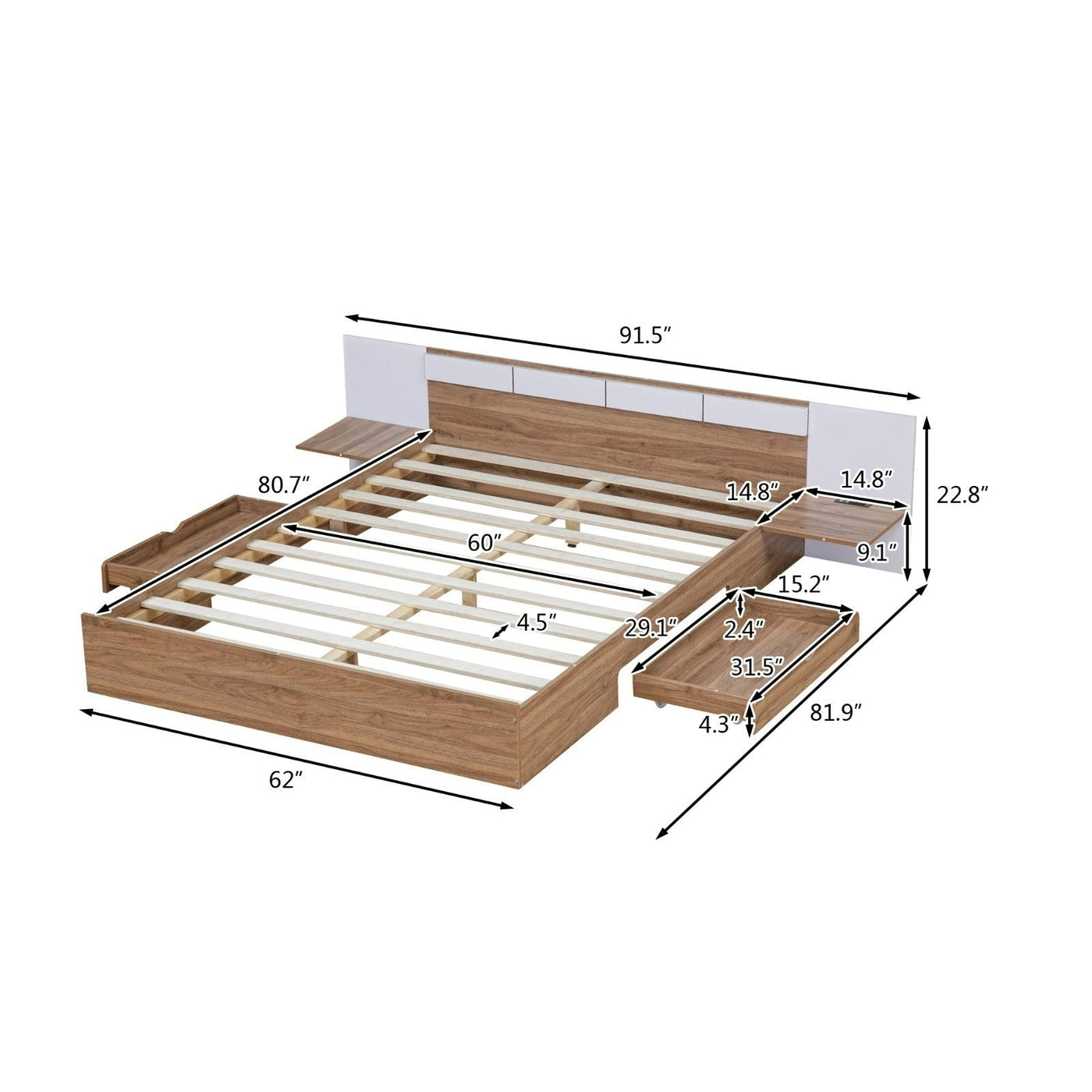 Queen Size Platform Bed With Headboard Drawers Shelves USB Ports