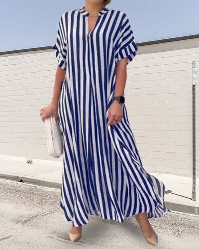 V-neck Shirt Dress Stripe Print Casual Elegant Summer Wear