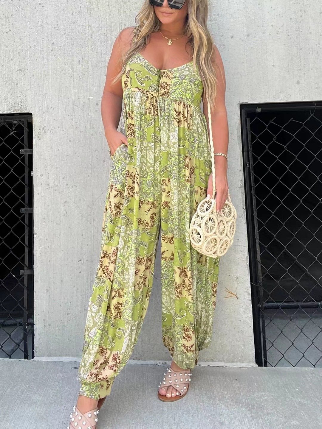 Cooper Patchwork Loose Fit Print Jumpsuit For Women