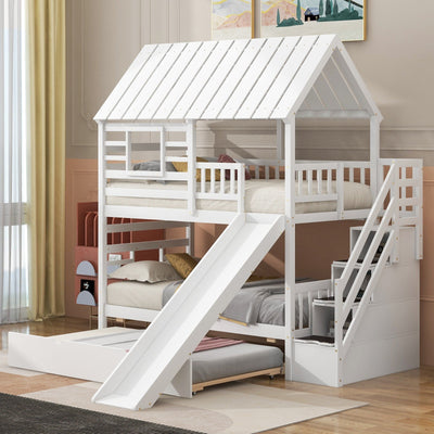 Twin House Bunk Bed With Roof Window Trundle Slide Storage Staircase