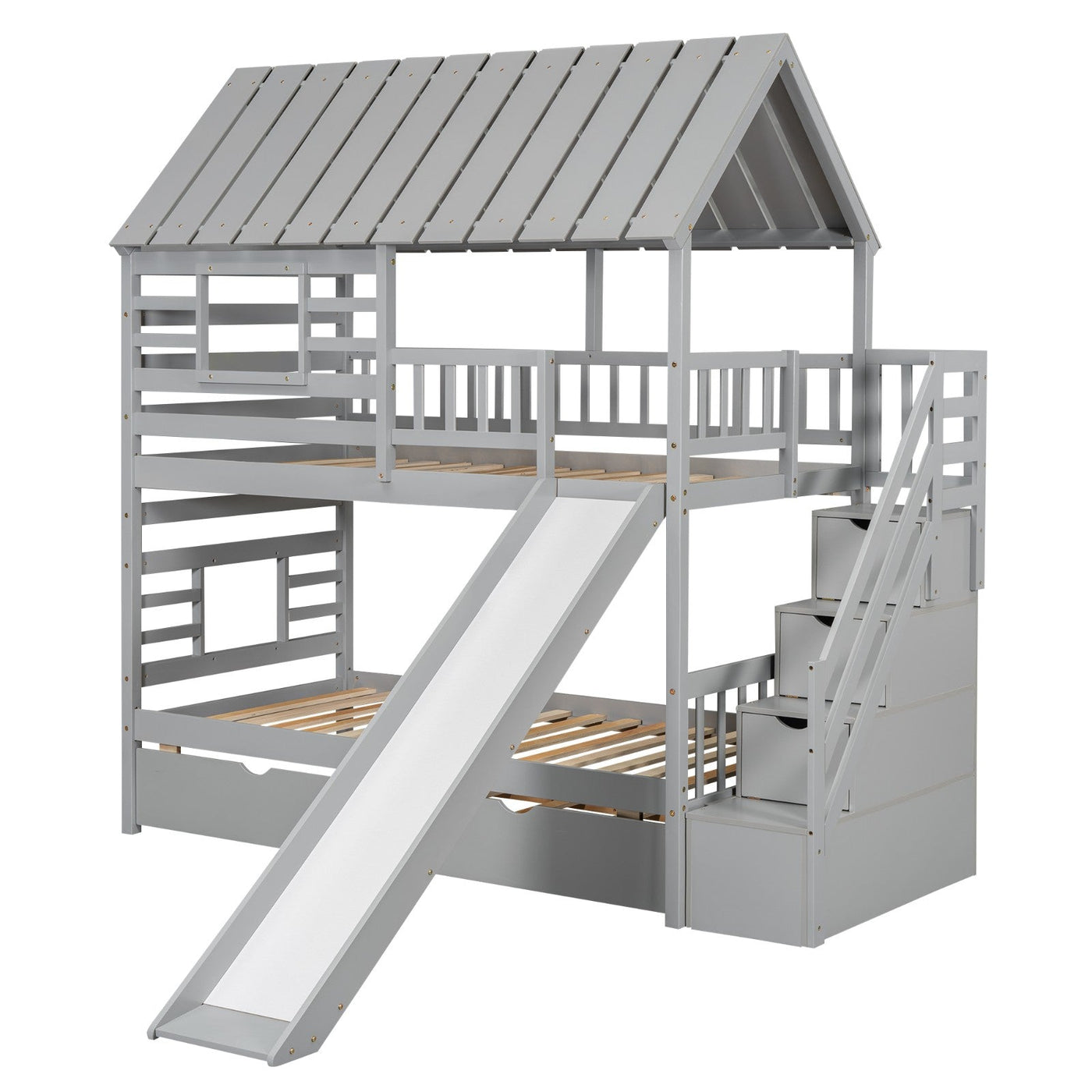Twin House Bunk Bed With Roof Window Trundle Slide Storage Staircase