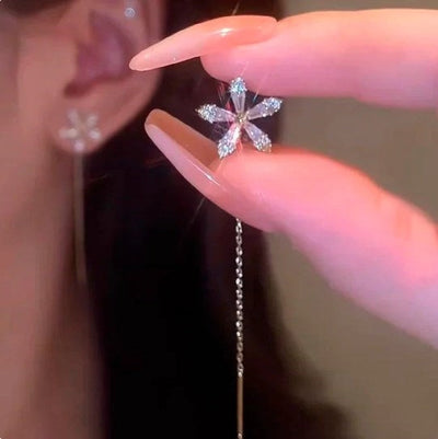 Shiny Diamond Flower Tassel Earrings Elegant Sparkling Jewelry