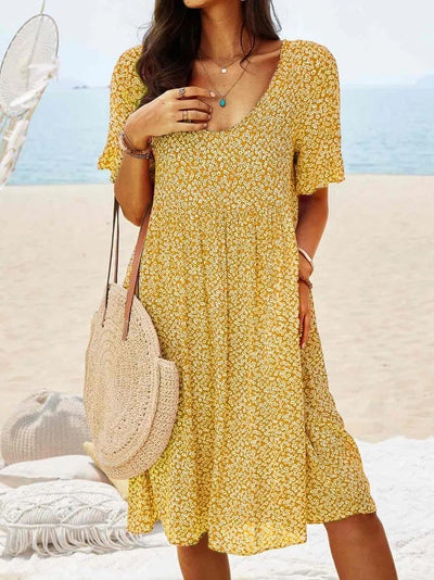 Women Floral Midi Dress Loose Fit Round Neck Elegant Design