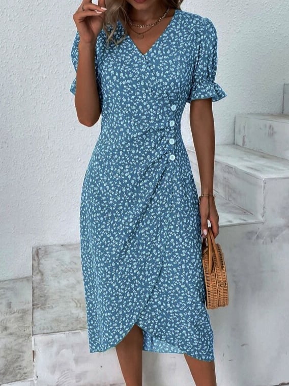Women Casual Floral Wrap Dress Elegant Summer Style