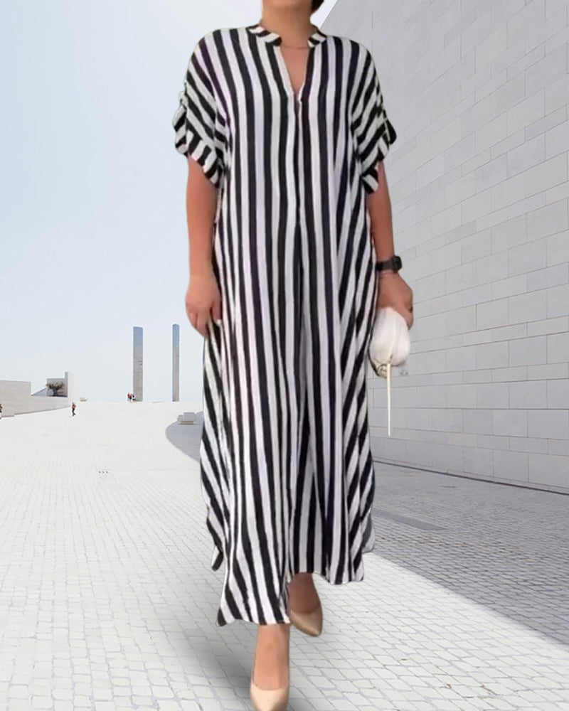 V-neck Shirt Dress Stripe Print Casual Elegant Summer Wear