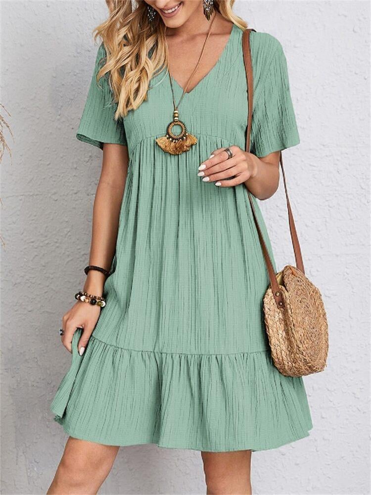 Retro Casual Dress V Neck Loose Fit Comfortable Summer Wear