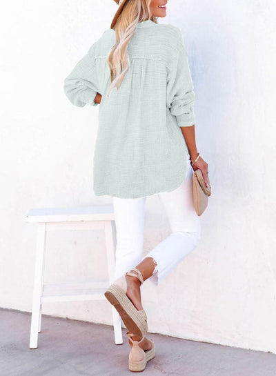 Womens Gauze Blouse Casual Button Neck Long Sleeve Oversized