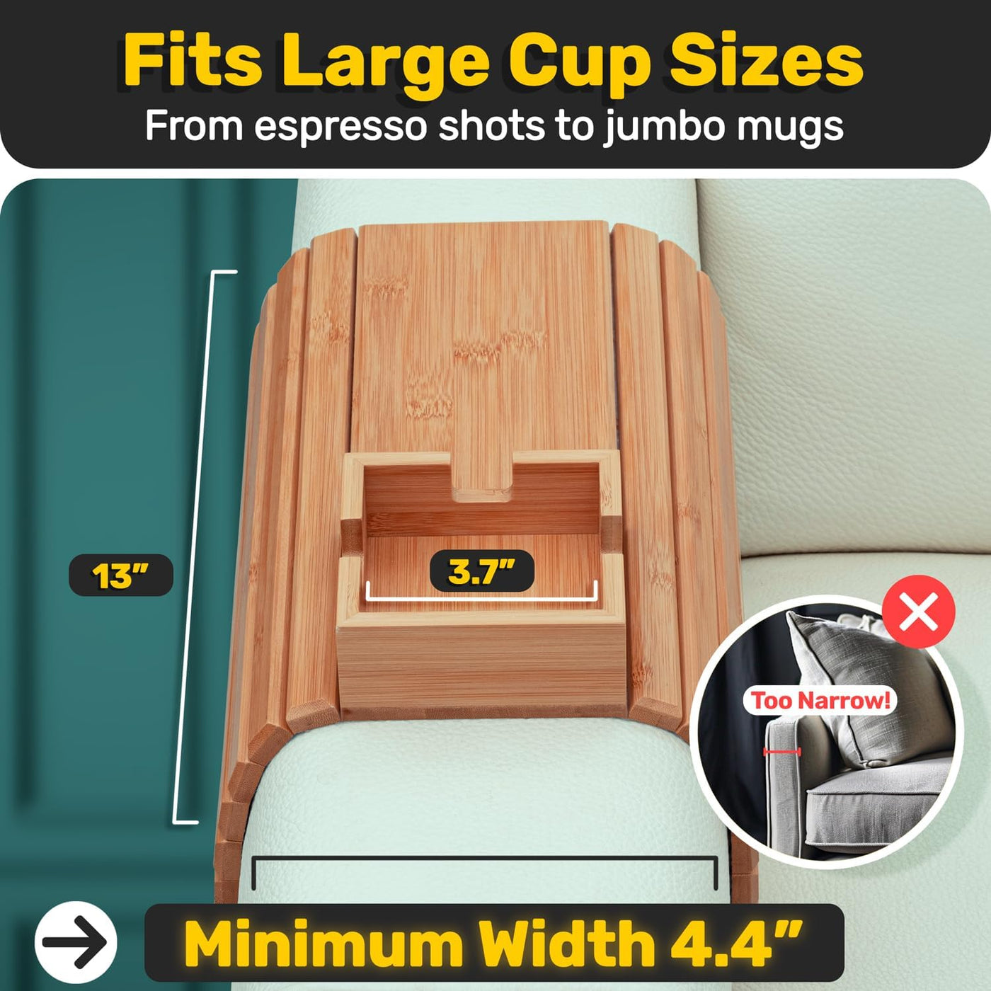 Bamboo Couch Cup Holder Organizer For Sofa Drinks And Snacks