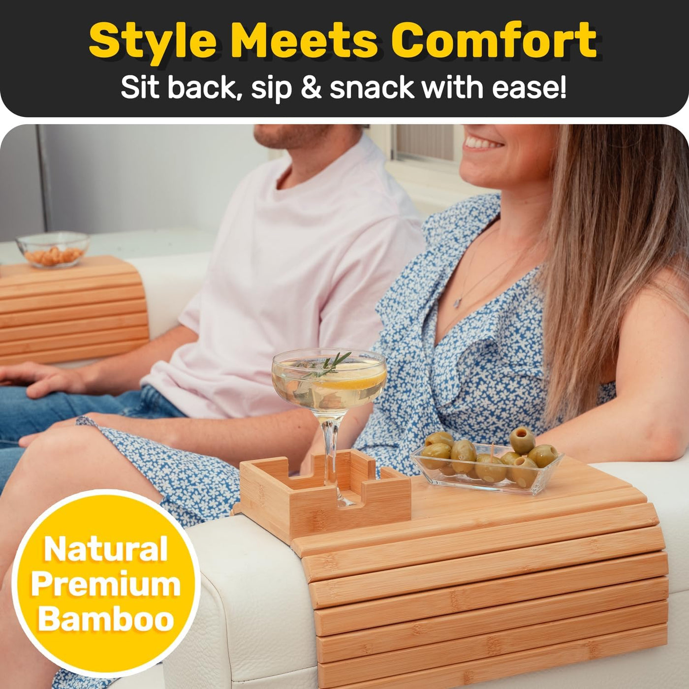 Bamboo Couch Cup Holder Organizer For Sofa Drinks And Snacks
