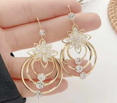 Geometric Round Earrings Multi Layered Floral Design