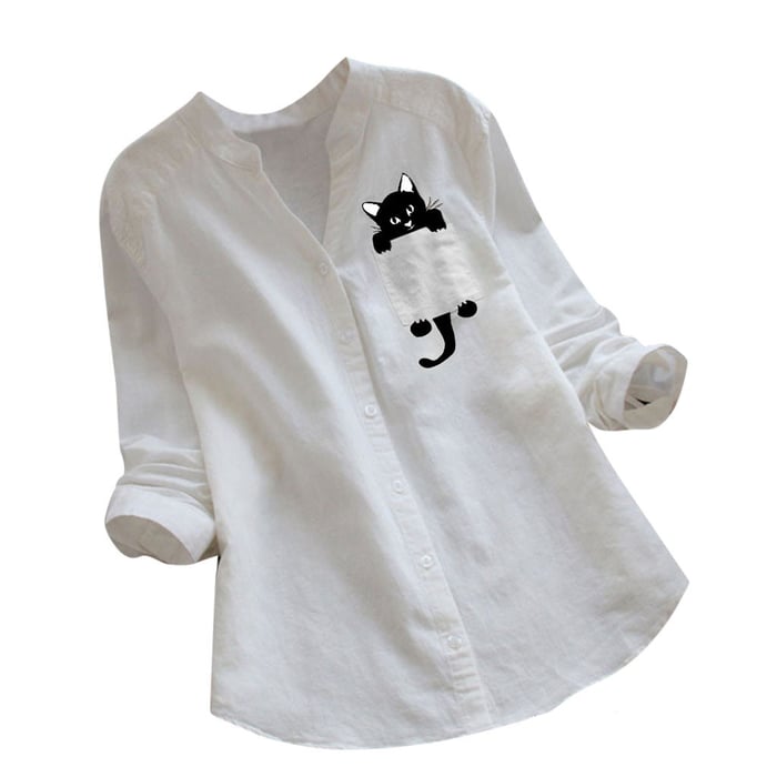V-neck Long Sleeve Blouse With Cute Cat Print Design