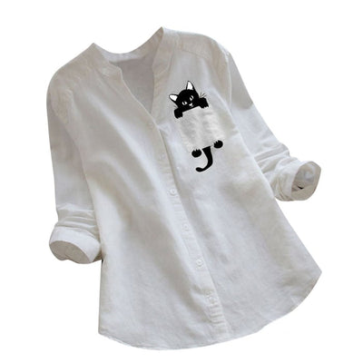 V-neck Long Sleeve Blouse With Cute Cat Print Design