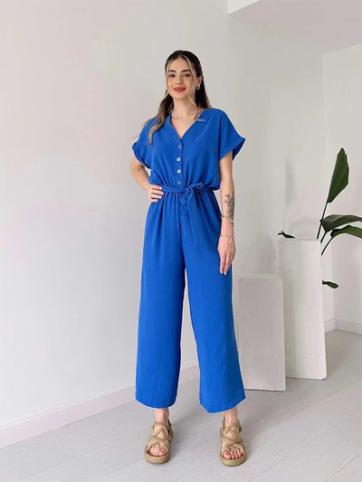 Women's V Neck Casual Jumpsuit Short Sleeve Summer Outfit
