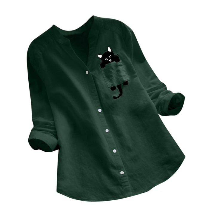 V-neck Long Sleeve Blouse With Cute Cat Print Design