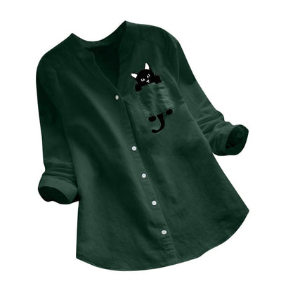 V-neck Long Sleeve Blouse With Cute Cat Print Design