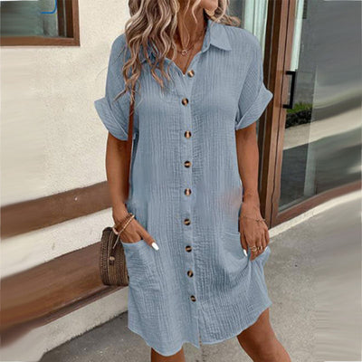 Women's Casual Shirt Dress Buttoned Short Sleeve With Pocket