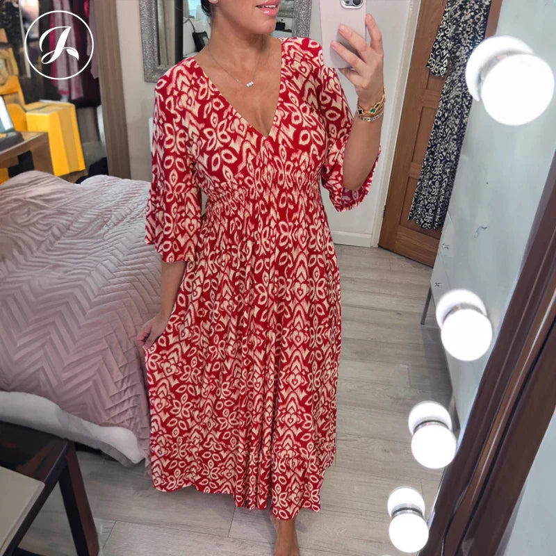 Bohemian Wrap Dress V-neck Waist Tie Casual Long Dress