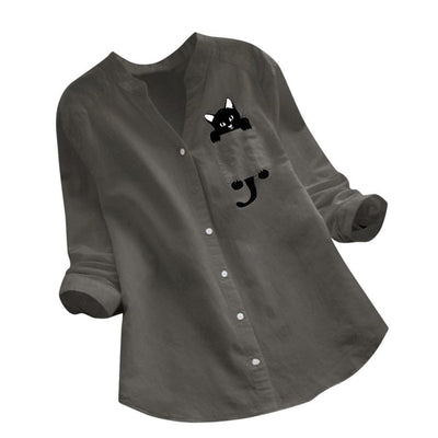 V-neck Long Sleeve Blouse With Cute Cat Print Design