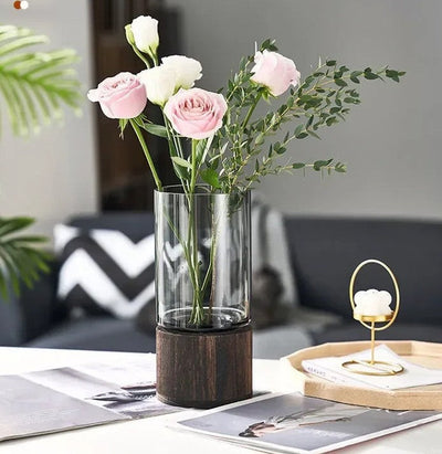 Minimalist Glass Vase With Wooden Base Elegant Hydroponic Planter