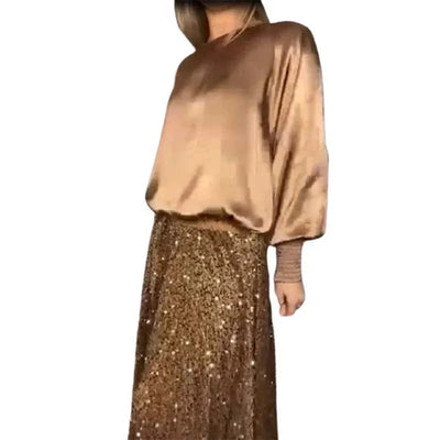 Women's Sequin Maxi Skirt Two-Piece Set Long Sleeve Top
