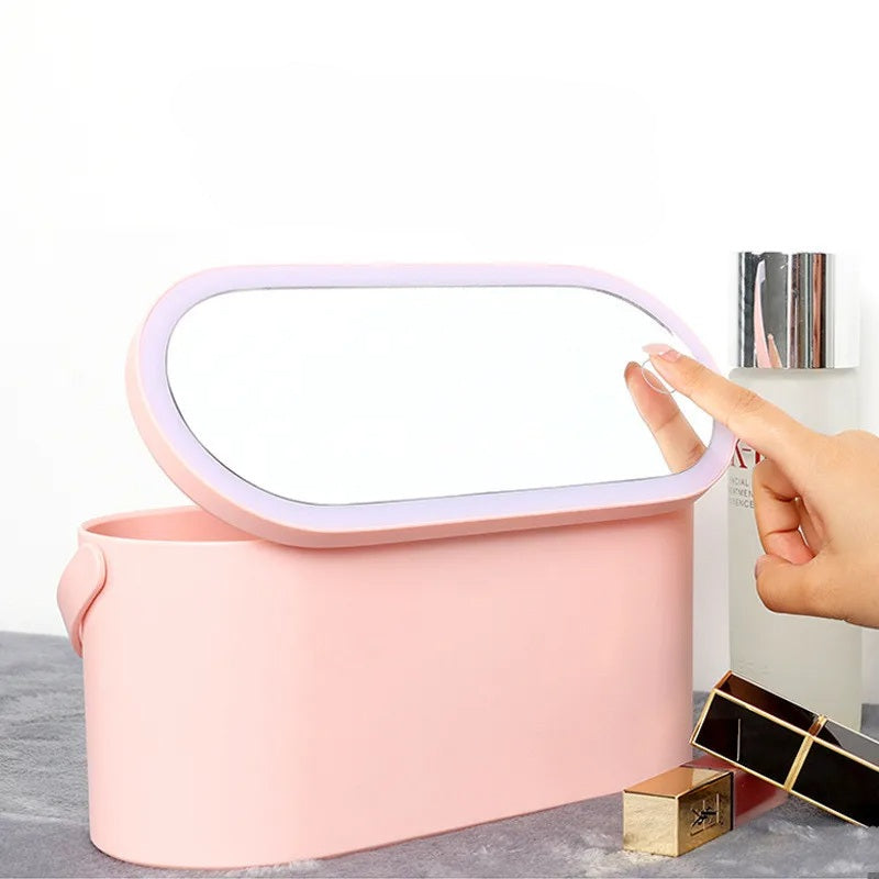 Portable LED Makeup Organizer With Mirror Compact Folding Cosmetic Case