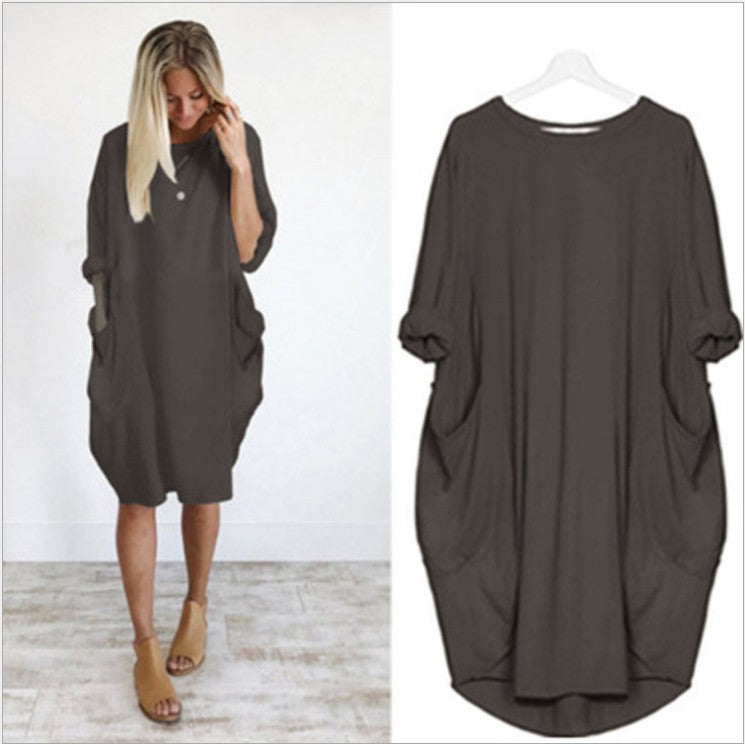 Long Sleeve Casual Loose Pocket Dress Comfortable Everyday Wear