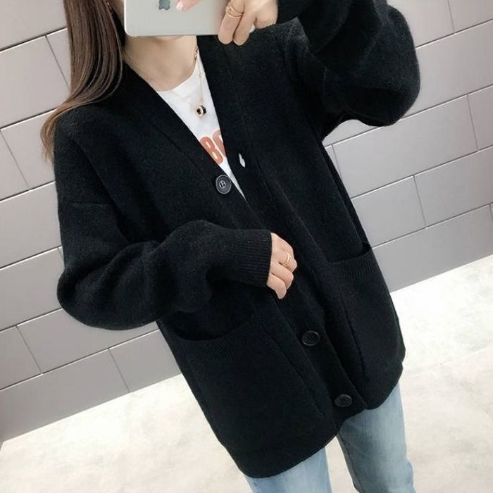 Slouchy Knitted Cardigan With Cozy Pockets For Casual Wear