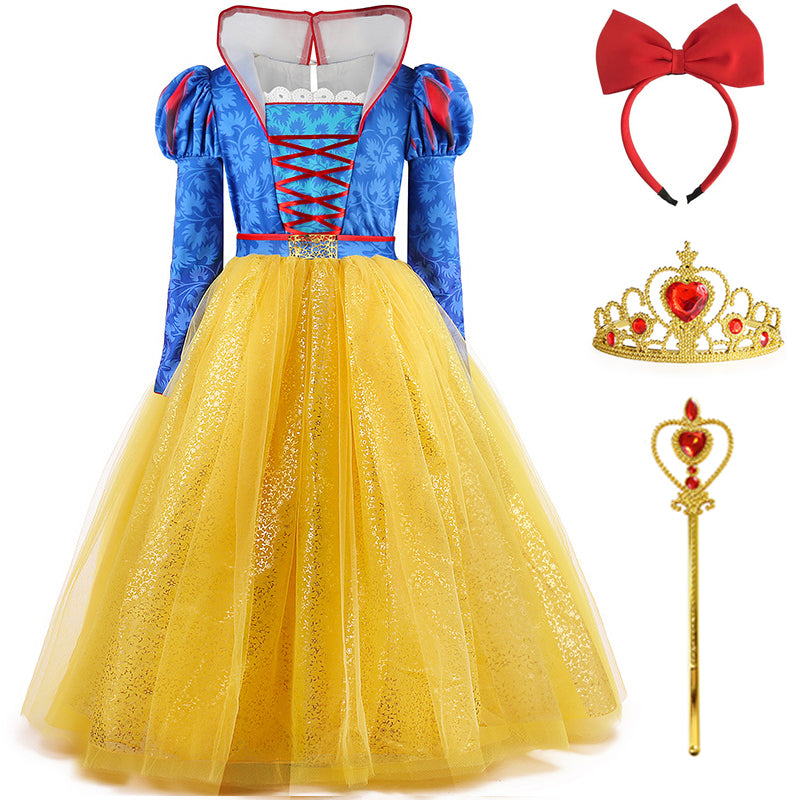 Kids Princess Dress Long Sleeve Puff Ball Gown With Crown Cosplay