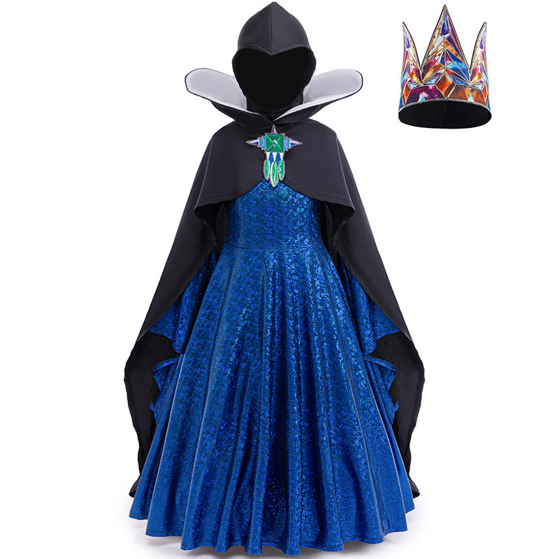 Girls Wicked Queen Costume Dress Cape Helmet Crown Set For Cosplay