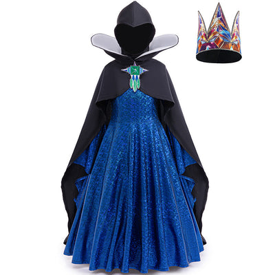 Girls Wicked Queen Costume Dress Cape Helmet Crown Set For Cosplay