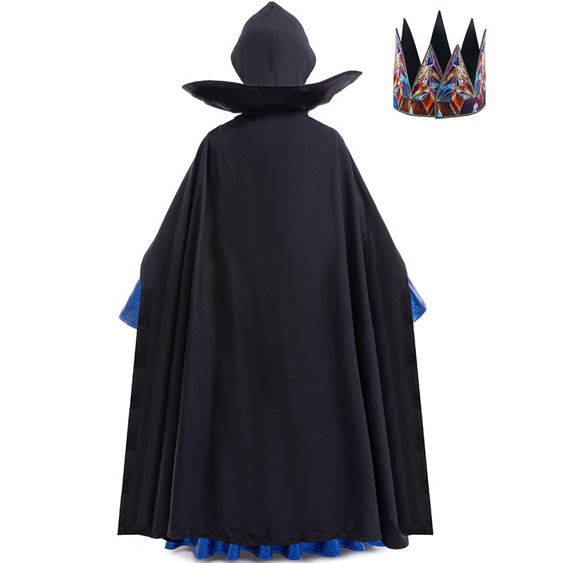 Girls Wicked Queen Costume Dress Cape Helmet Crown Set For Cosplay