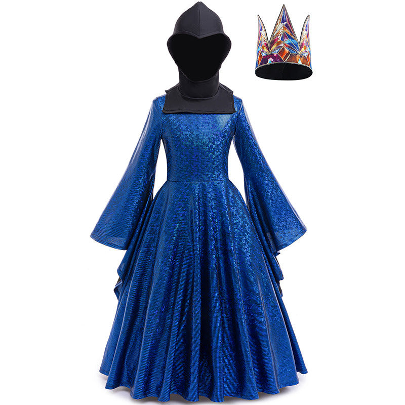 Girls Wicked Queen Costume Dress Cape Helmet Crown Set For Cosplay