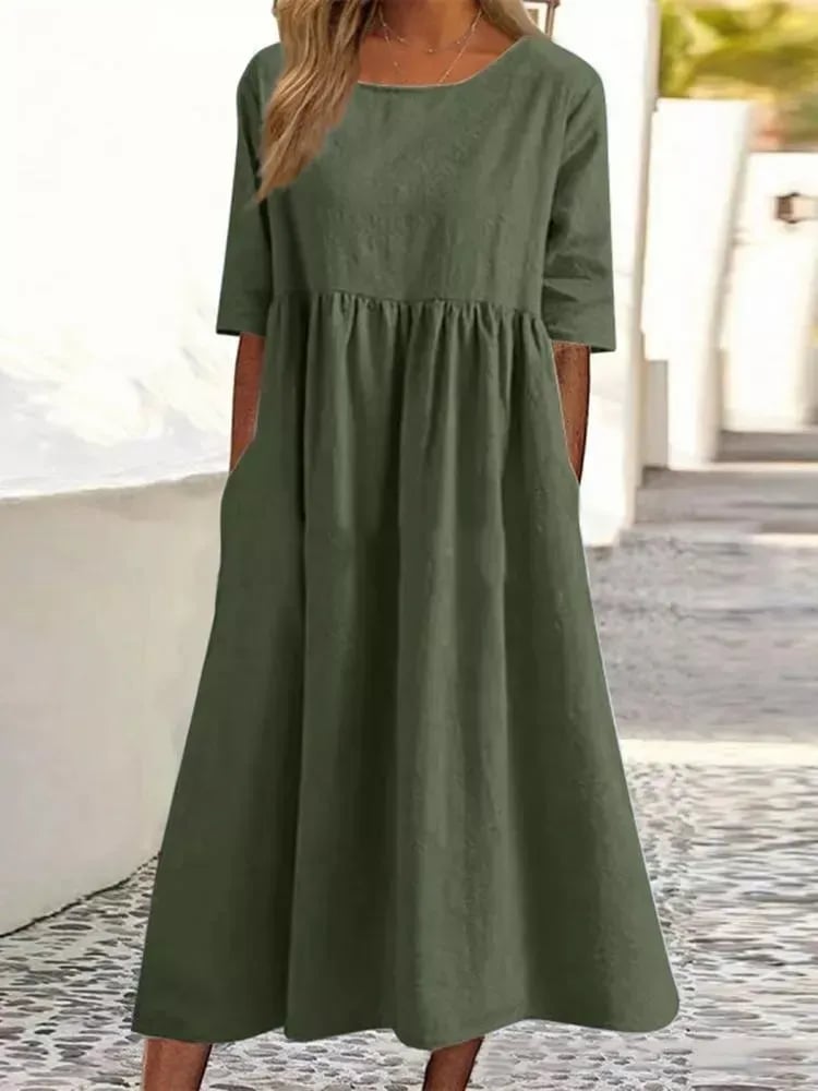 Women's Casual Cotton Dress Smocked Pocket Crew Neck Outdoor