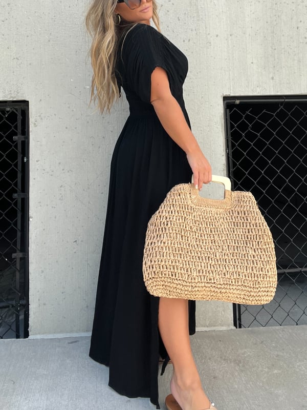 V-neck Slit Ultra Long Dress Elegant Casual Style Evening Gown