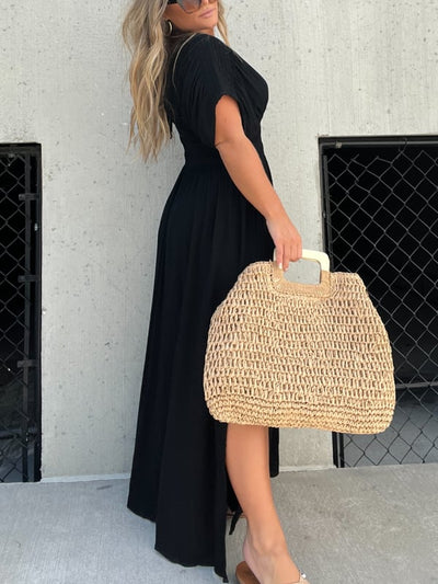 V-neck Slit Ultra Long Dress Elegant Casual Style Evening Gown