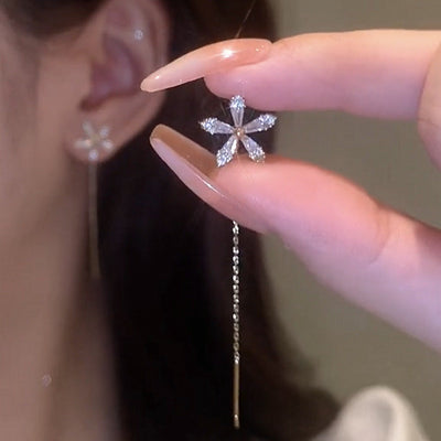 Shiny Diamond Flower Tassel Earrings Elegant Sparkling Jewelry
