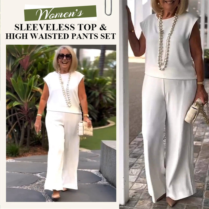 Women's Sleeveless Top And Pants Set Crew Neck Stylish Outfit