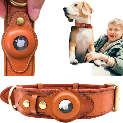 Leather AirTag Dog Collar Durable Adjustable Genuine Leather Pet Collar