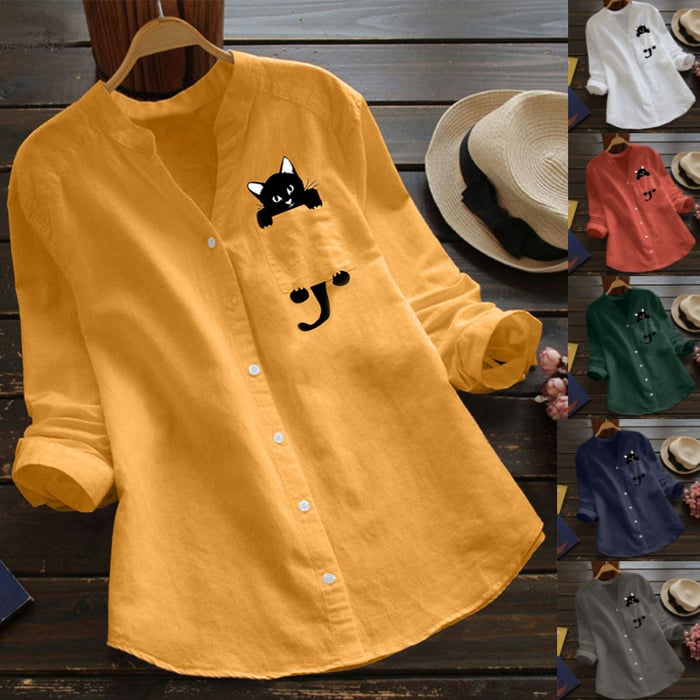 V-neck Long Sleeve Blouse With Cute Cat Print Design