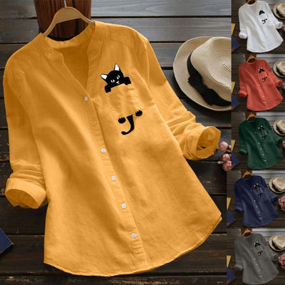 V-neck Long Sleeve Blouse With Cute Cat Print Design