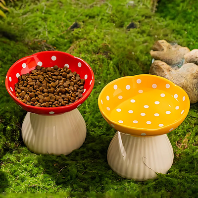 Elevated Ceramic Cat Bowl With Mushroom Design For Pets