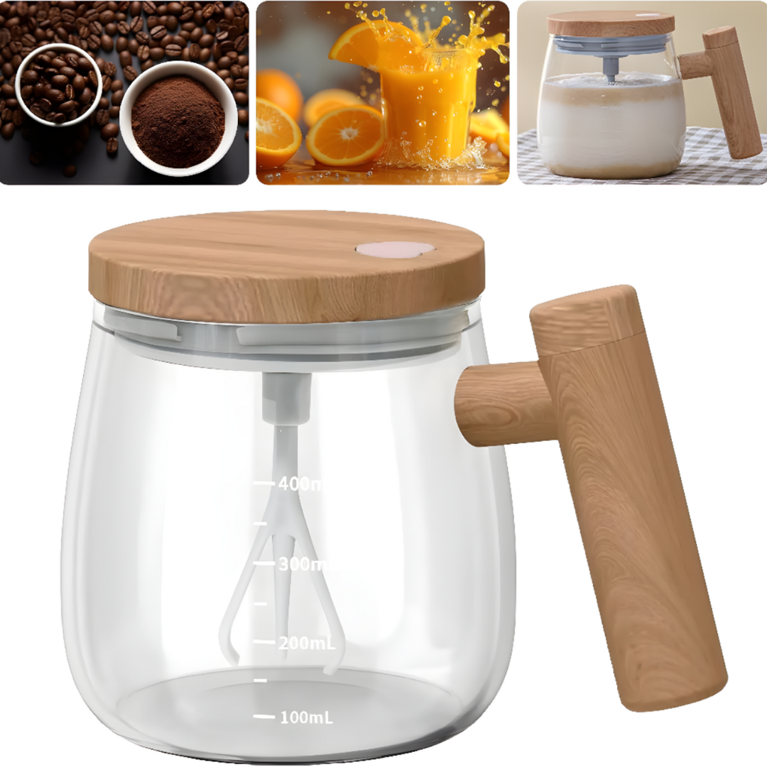 Self Stirring Coffee Mug With Stylish Wooden Handle Design