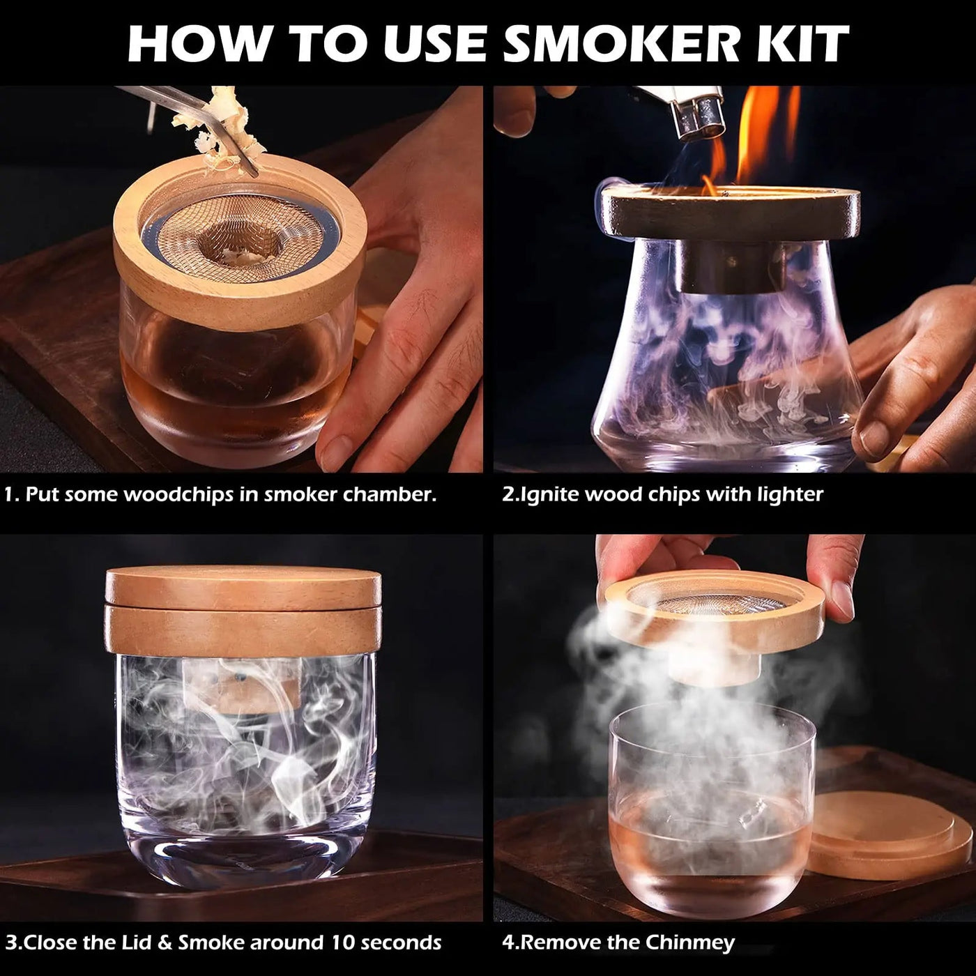 Whiskey Smoker Kit With Wooden Hood For Cocktails And Drinks