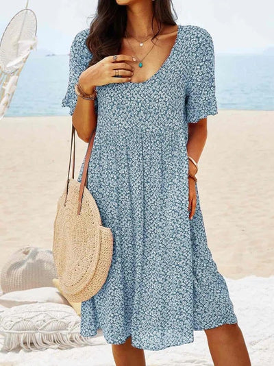 Women Floral Midi Dress Loose Fit Round Neck Elegant Design