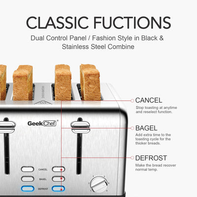 Geek Chef 4 Slice Stainless Steel Toaster Extra-Wide Slots Dual Controls