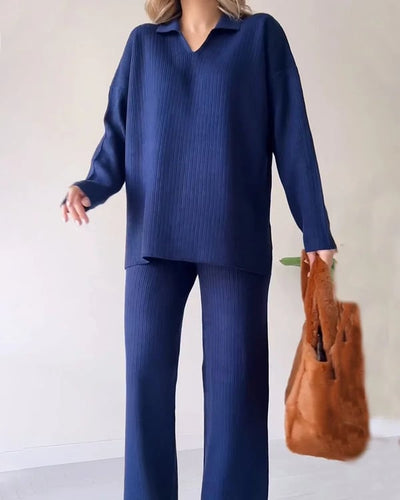 V Neck Casual Slit Knitted Two Piece Set For Women