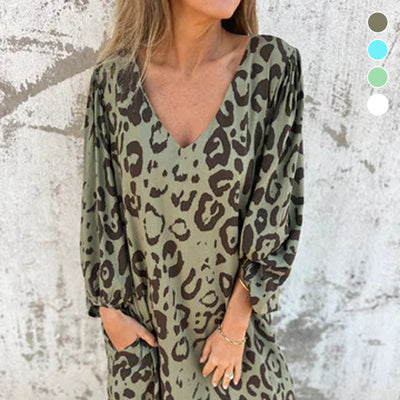V-neck Printed Flowy Dress With Stylish Pockets For Women