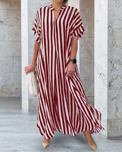 V-neck Shirt Dress Stripe Print Casual Elegant Summer Wear